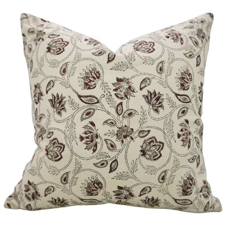 Fabdivine Bohemian Floral Green Pillow Cover Handmade Cotton for Fall Décor Block Print Chair Hotel Bedroom, Pink City - Saraswati- Dark Brown, Grey - 16" x 16"
