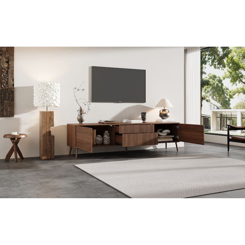 Roomfitters 70 Inch Fluted TV Stand for TVs up to 80 Inch, Media Console with Storage Drawers, Cabinets & Soft-Close, Walnut