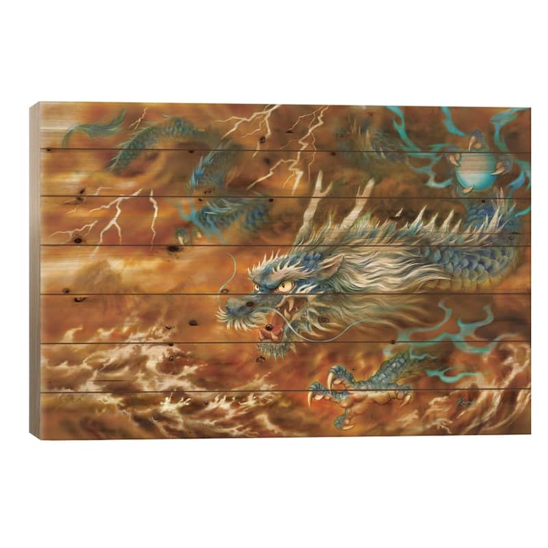 Blue Dragon Of The East Print On Wood by Kayomi Harai - Multi-Color - 26x40x1.5
