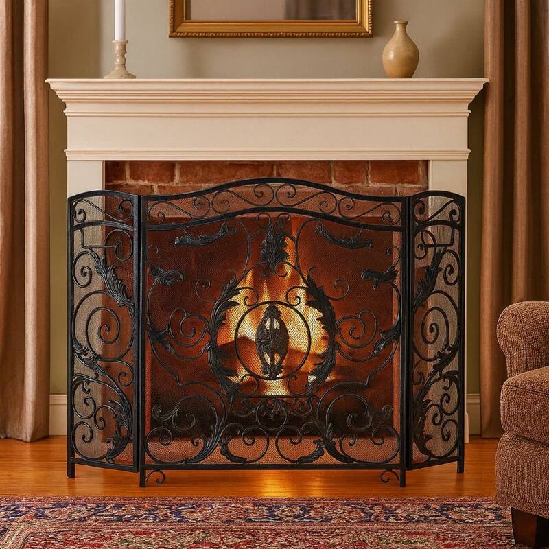 Fireplace Screen, Scrollwork Mesh Design, Iron w Black, Silver Finish