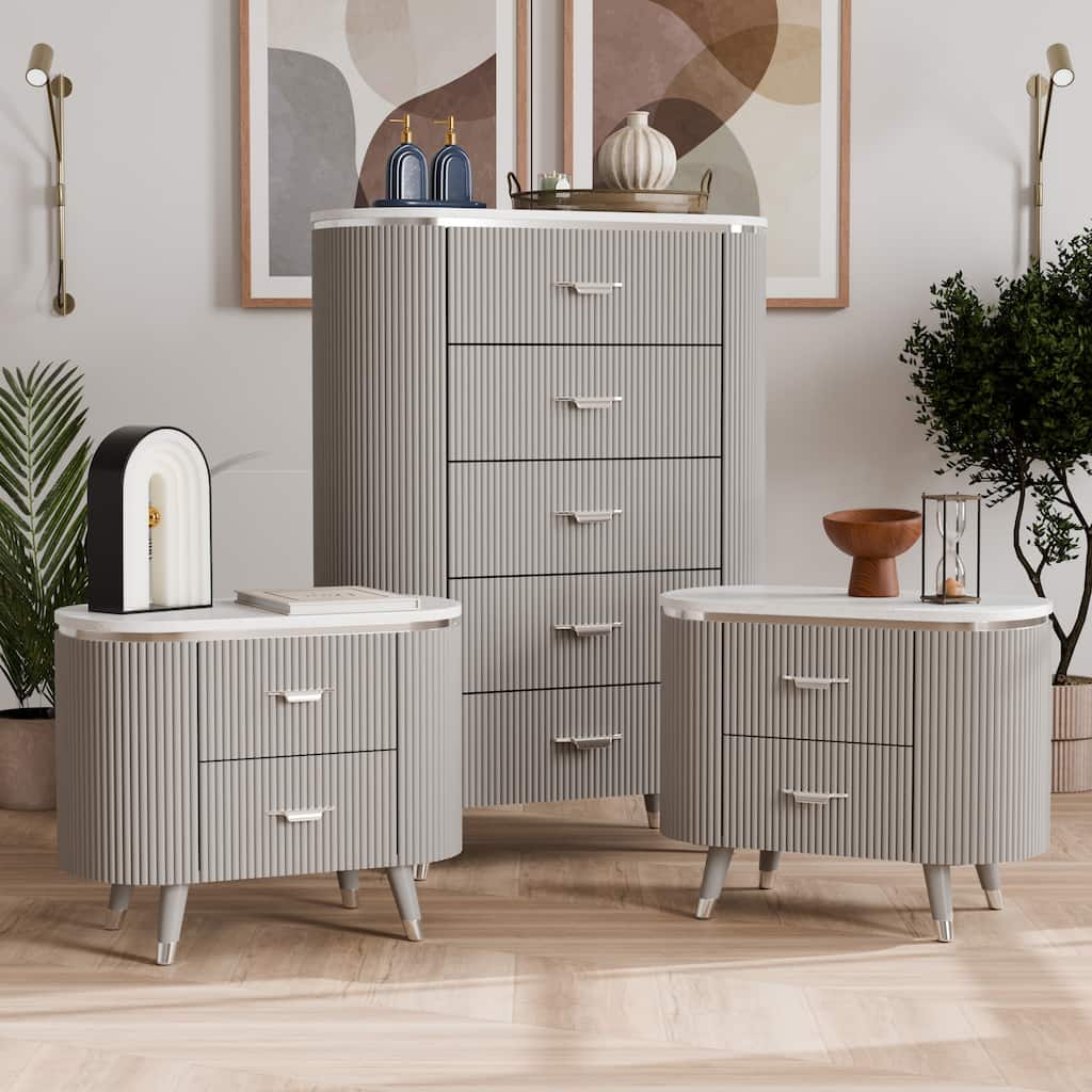 Furniture of America Seraphine Modern 3-Piece Light Grey Solid Wood Chest and 2-Nightstand Bedroom Set