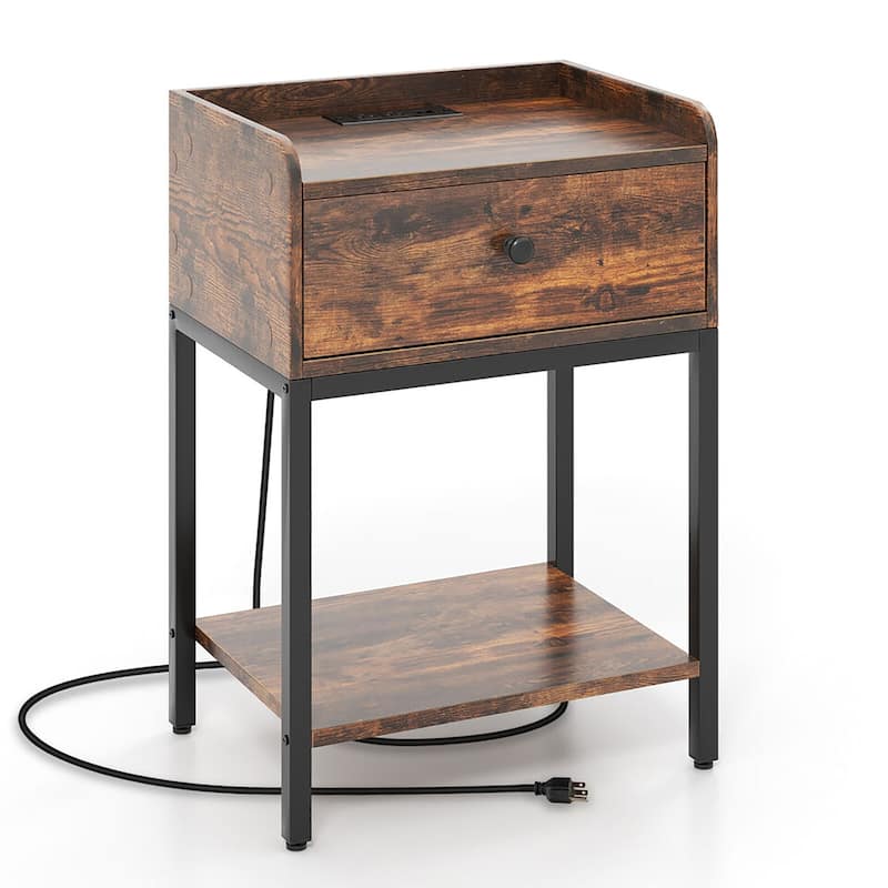Gymax Nightstand Side End Table w/ Charging Station Drawer Open Shelf