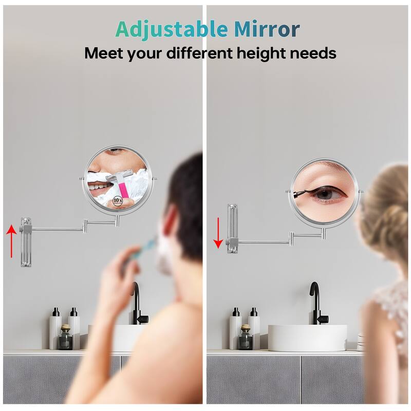 8 inch Wall Mounted Round Frame Makeup Mirror, 1X/10X Magnifying, Height Adjustable