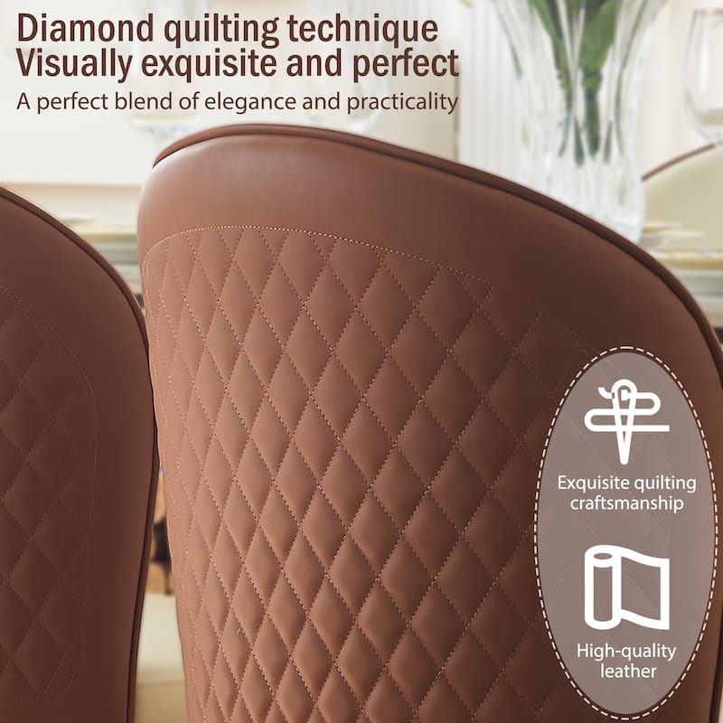 Modern Upholstered Dining Chair Set of 2 - Light Yellow Faux Leather Seat with Brown Back & Gold Metal Legs