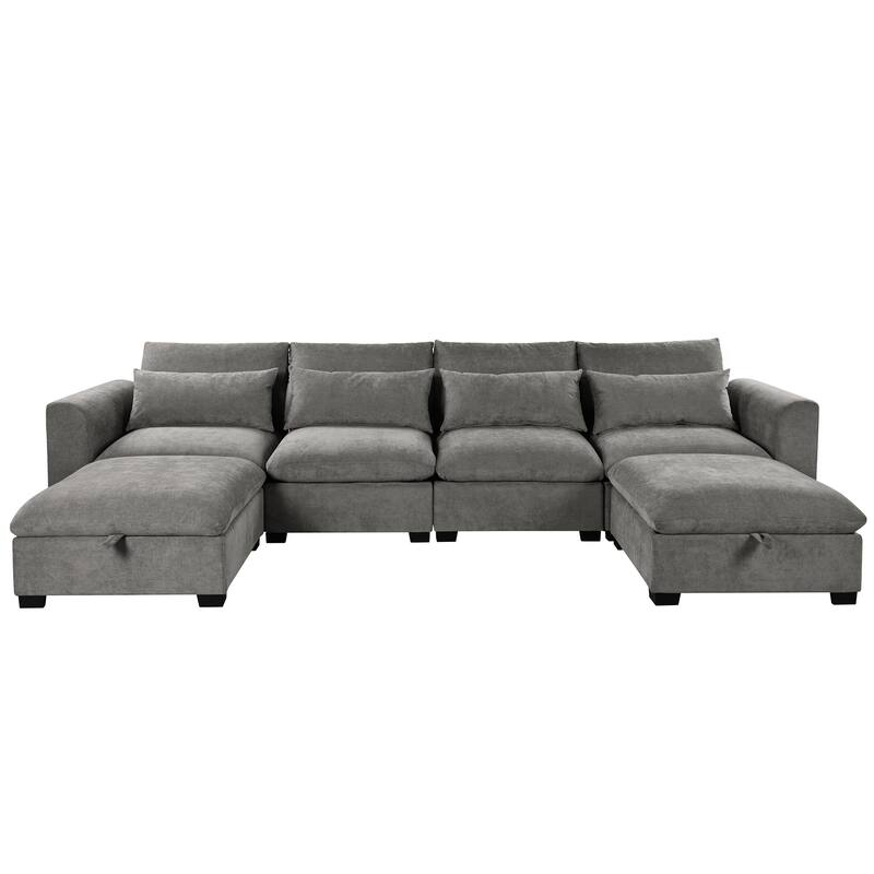 132.3" Linen Blend U-Shaped Sectional Sofa with Ottomans & Storage