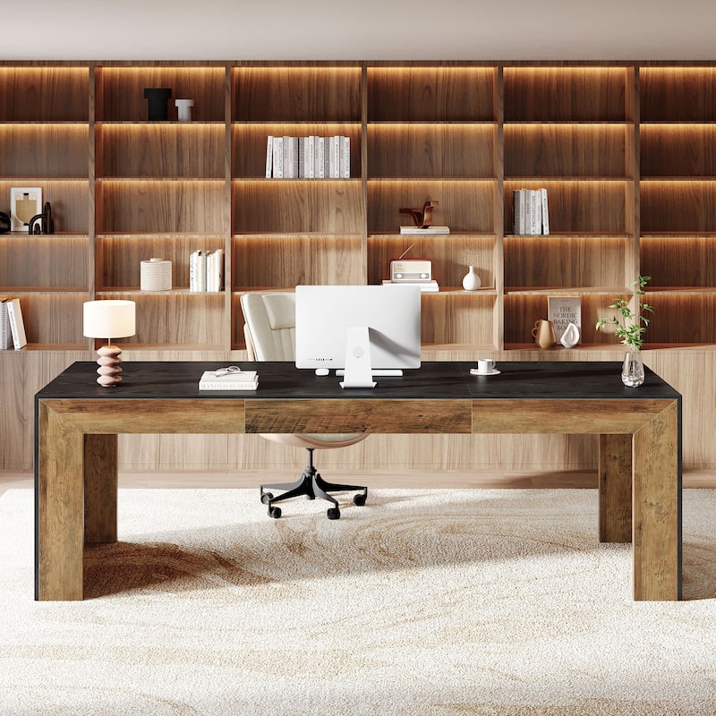 Wood Executive Desk Workstation, 78.7" Computer Desk, Home Office Writing Gaming Table Accent Desk