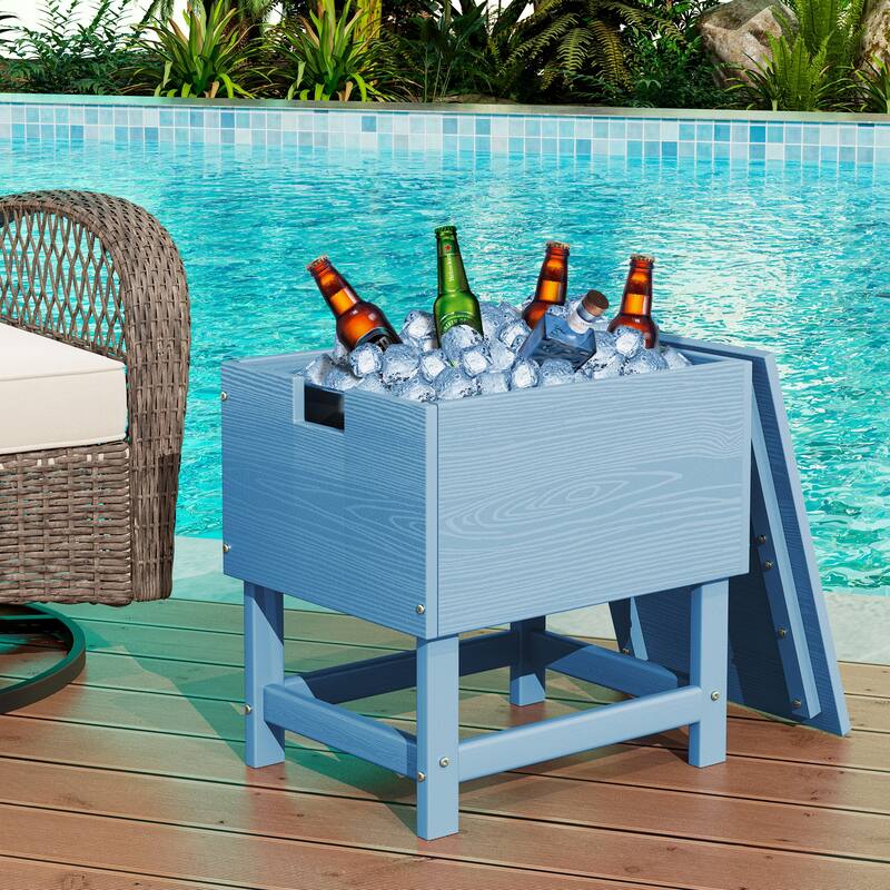 Outdoor Patio Weather Resistant HDPE Coffee & Side Table, Build-in Stainless Steel Cooler Bucket