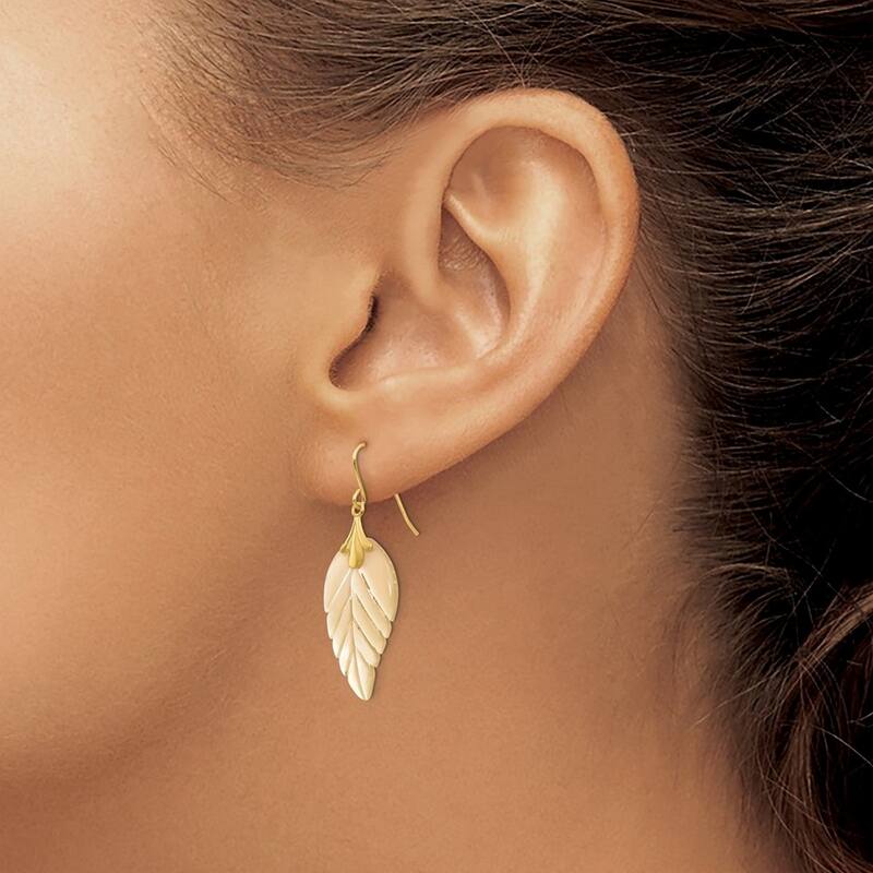 Curata 14k Yellow Gold Mother of Pearl Leaf Dangle Earrings (13mm x 33mm)