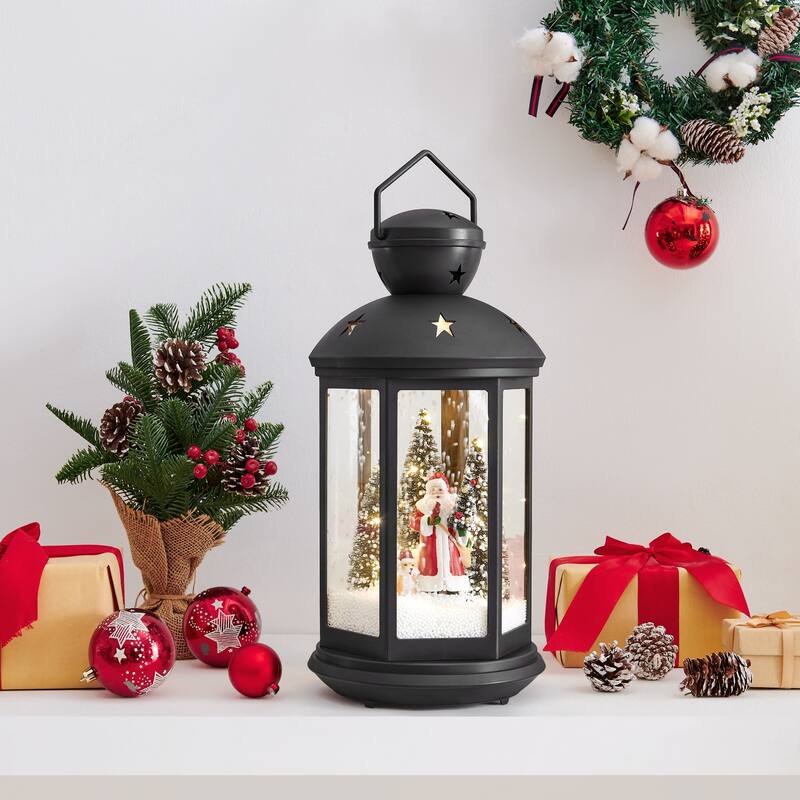 LED Lighted Musical Santa Scene Lantern Christmas Snow Globe - 19.5" - Black