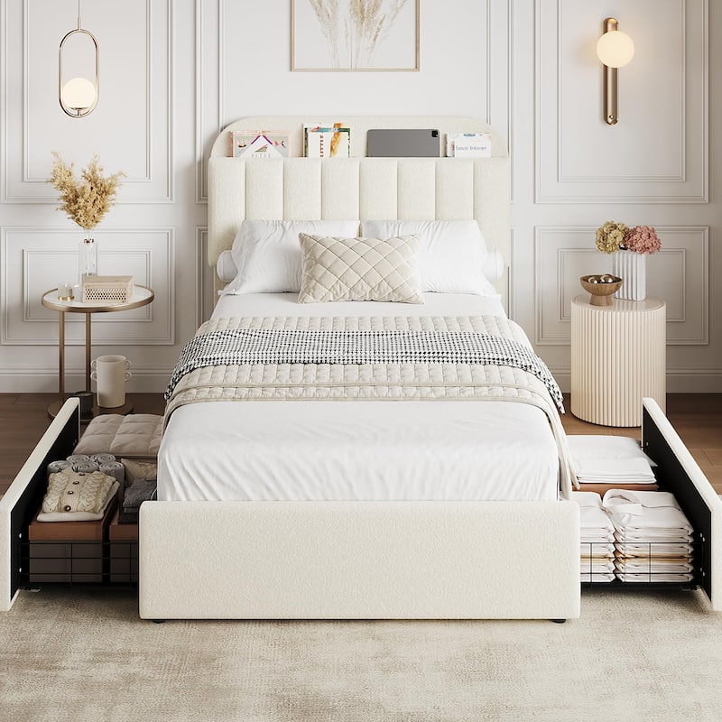 Twin XL/Queen Bed Frame with 2 Flexible Drawers and Bookcase Headboard, Boucle Upholstered Platform Bed for Boys/Girls