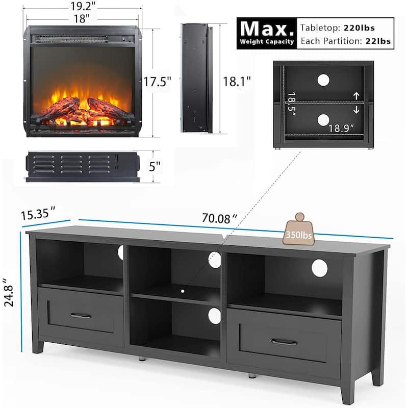 WESOME 70" Fireplace TV Stand Entertainment Center with 18'' Electric Fireplace