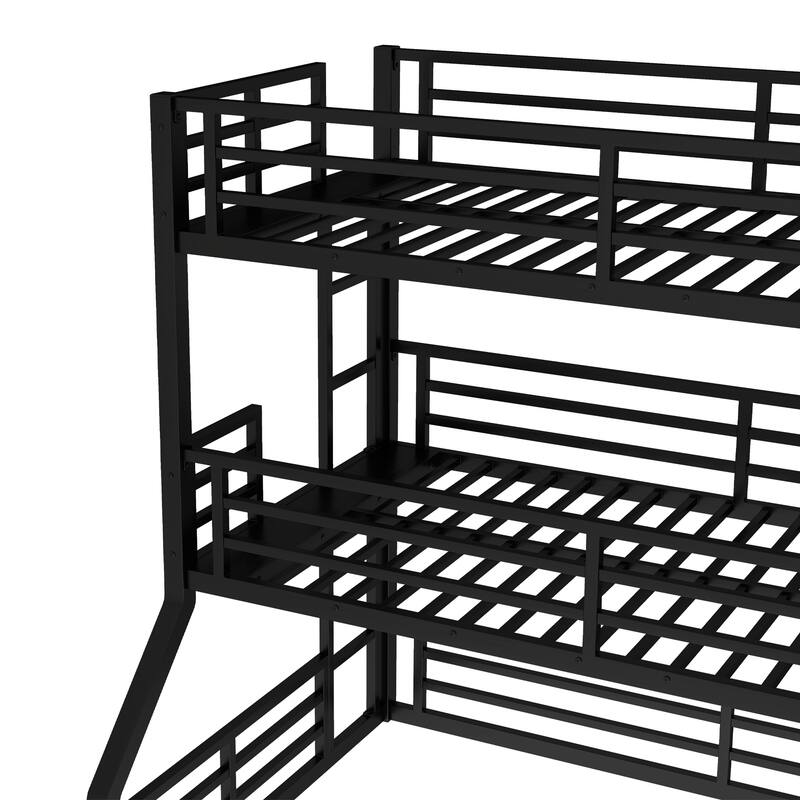Roomfitters Twin over Twin over Full XL Metal Triple Bunk Bed with Safety Guardrails, Heavy-Duty Noise-Reduced Frame, Black