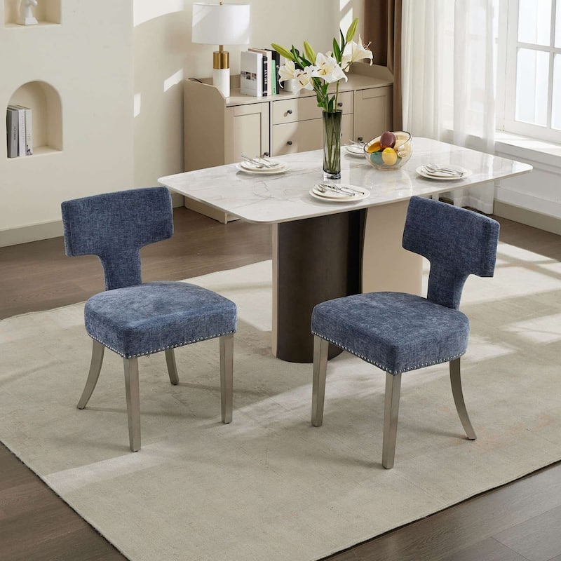 Set of 2 Chenille Upholstered Dining Chairs with Silver Steel Legs