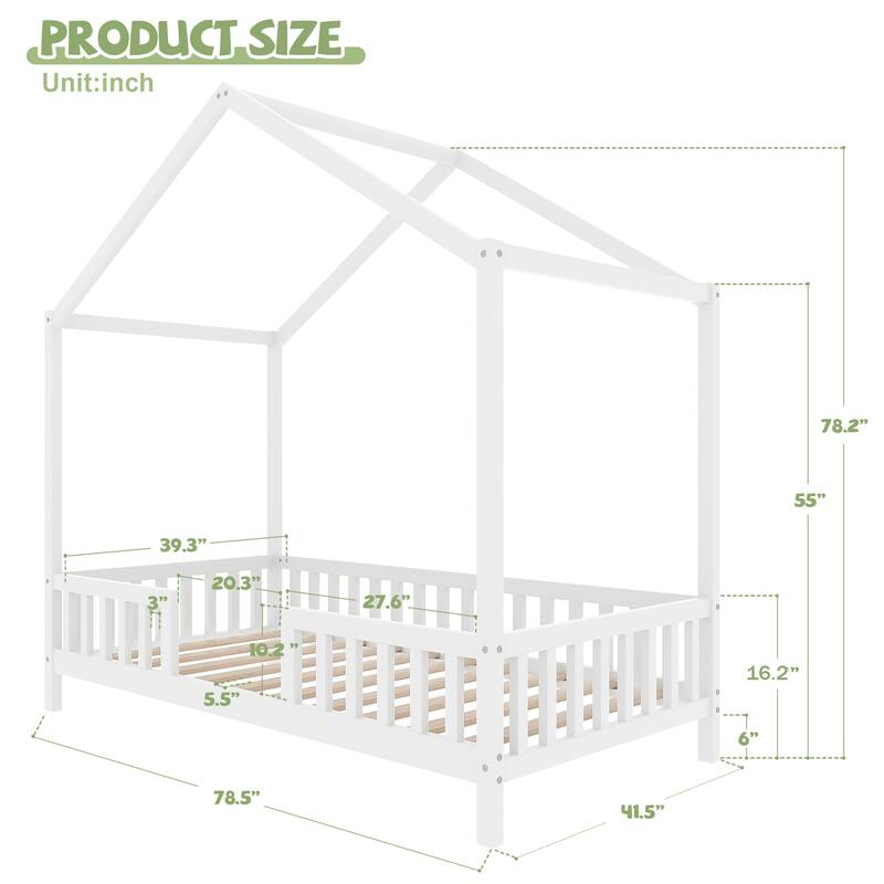 Montessori House Bed with Canopy, Twin/Full Kids Floor Bed Frame with High Railings, Wooden Roof Bed for Toddlers and Children