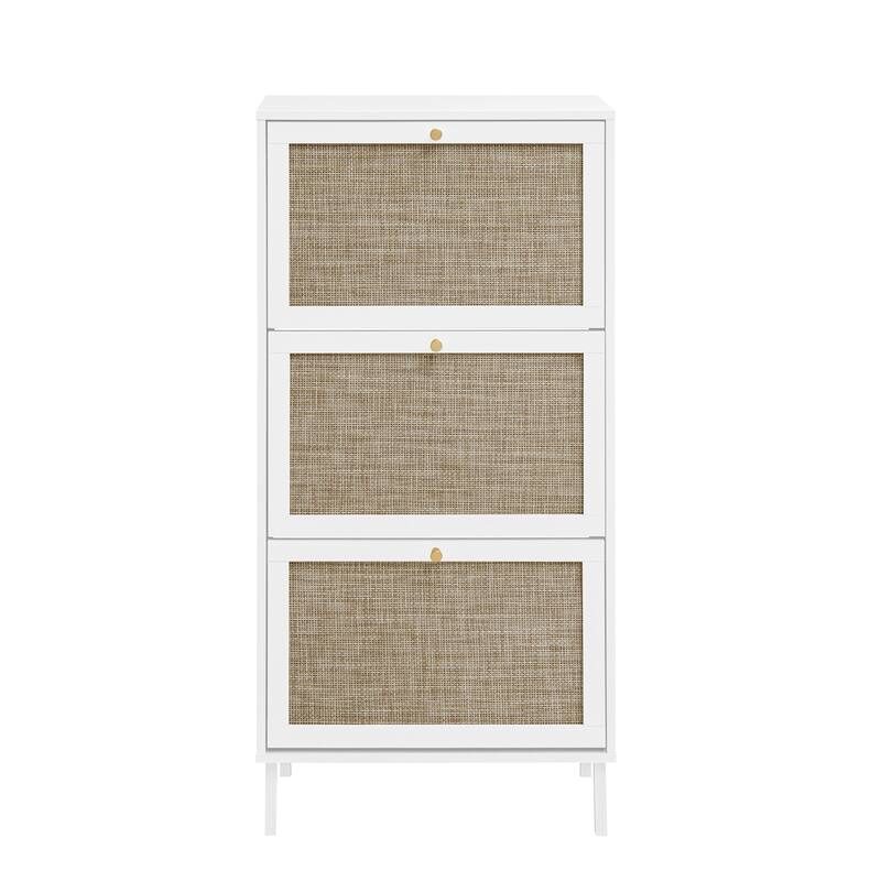 Shoe Storage Cabinet with 3 Flip Drawers, Freestanding 3-Tier Shoe Rack, Slim Shoe Organizer with Half Round Woven Rattan Doors