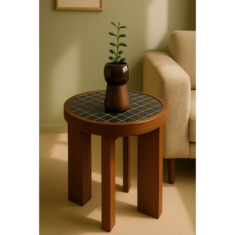 Tiles Top Round Wooden End Table - 17.75" - Brown