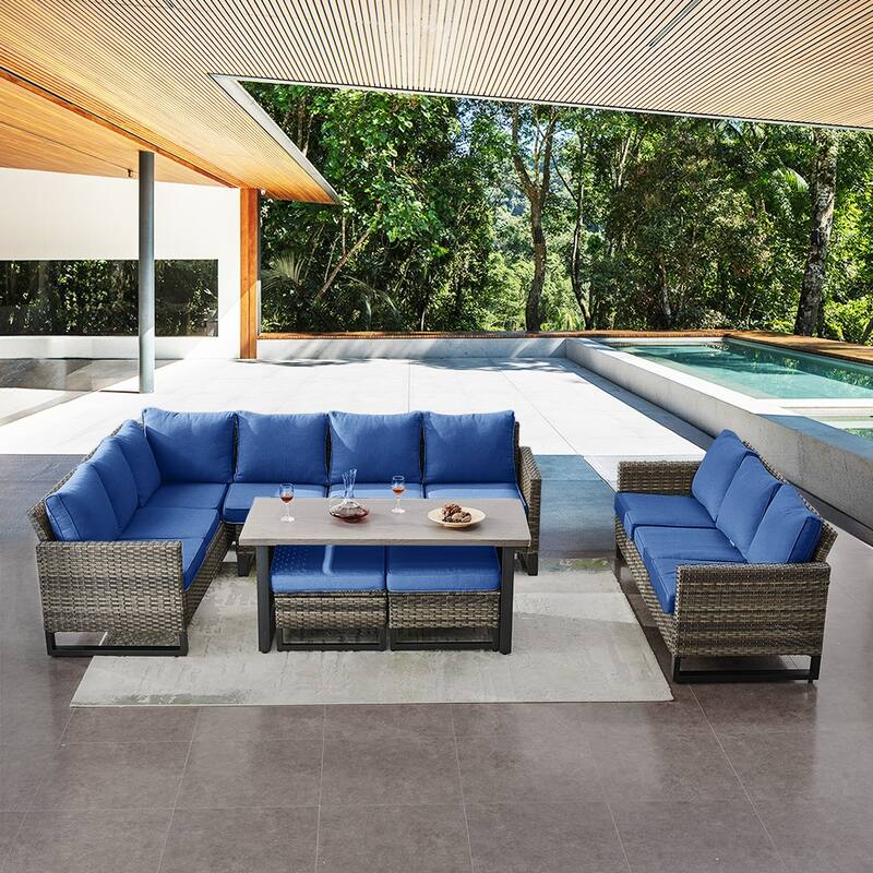 Gymojoy Patio Sectional Rattan Sofa with Ottoman - Grey - Blue