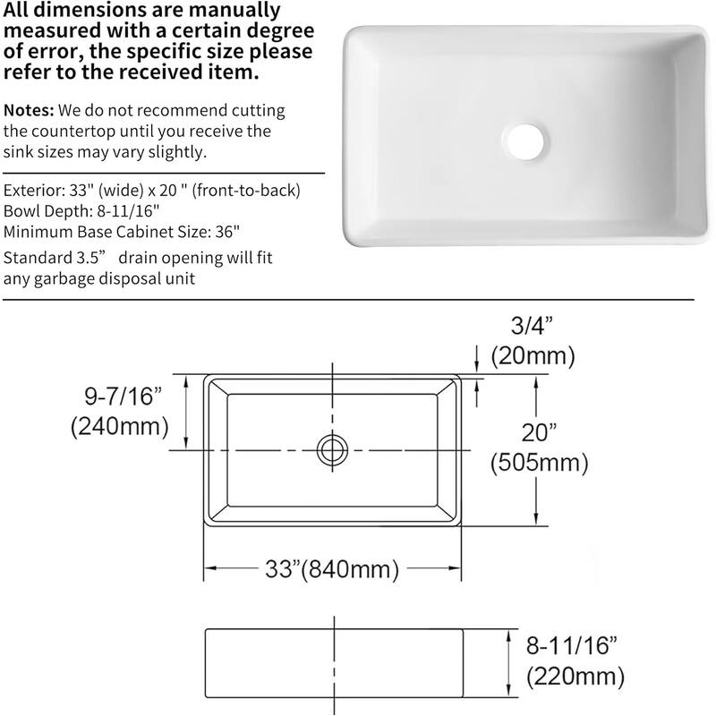 33 inch Sink, Fireclay Kitchen Sinks Farmhouse Ceramic Porcelain Single Bowl Deep Large Capacity Kitchen Sink