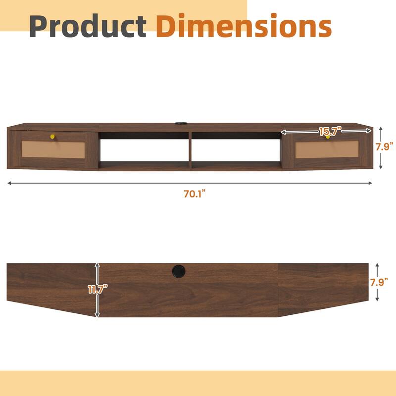 EROMMY Wall-Mounted TV Cabinet with Rattan Doors & Shelves - Floating Entertainment Center with Cable Management
