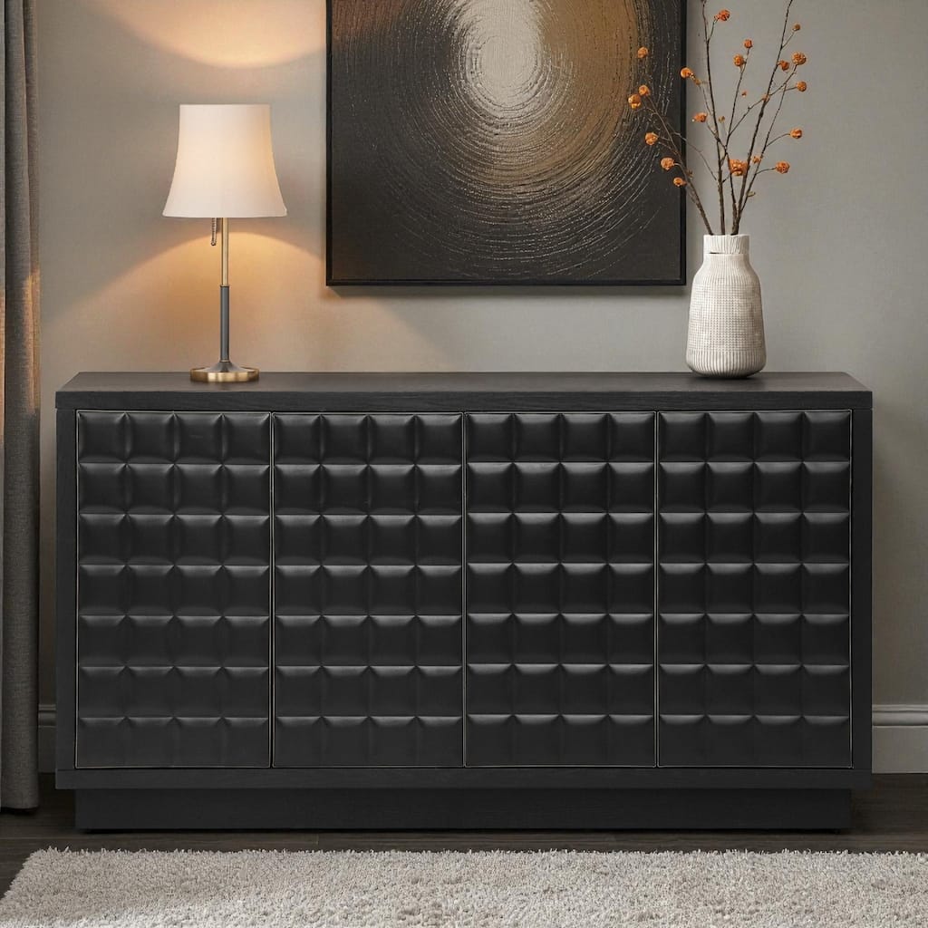 Modern 4-Door Wood Storage Cabinet with 3D Geometric Doors, Metal Trim & Adjustable Shelves for Living Room or Office