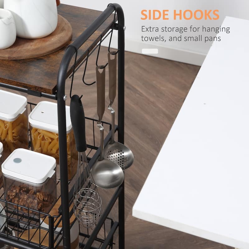 3 Tier Rolling Kitchen Cart with Wheels, 2 Sliding Fruit Basket, Microwave Cart with Side Hooks for Dining Room