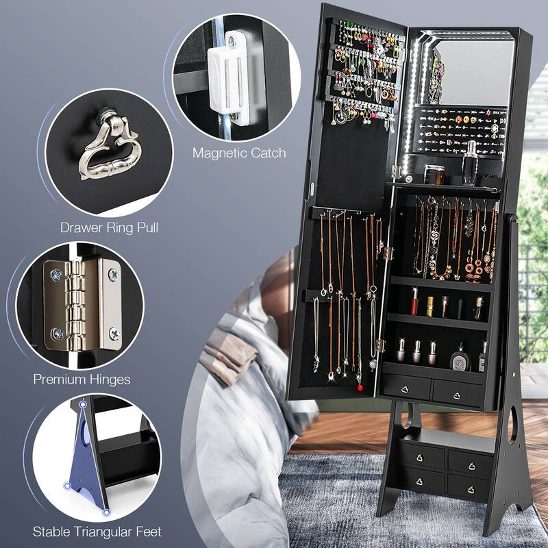Gymax Jewelry Cabinet Armoire Full Length LED Mirror W/ 6 Drawers &