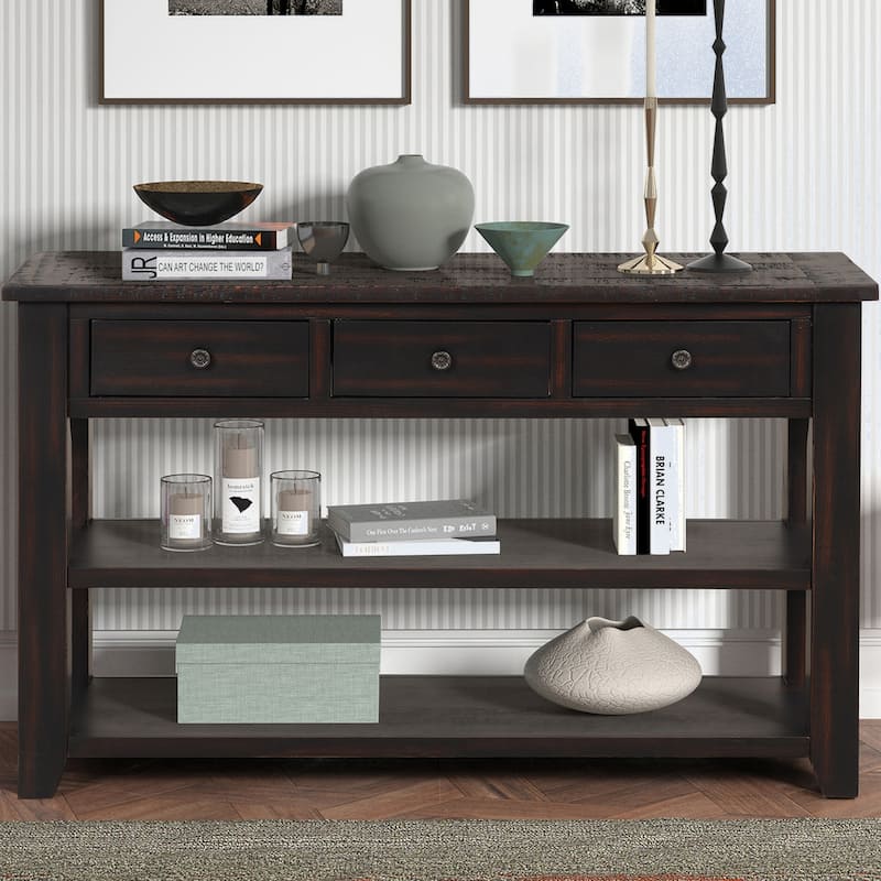 Modern Solid Pine Wood Top Console Table with Drawers and Shelves - Black