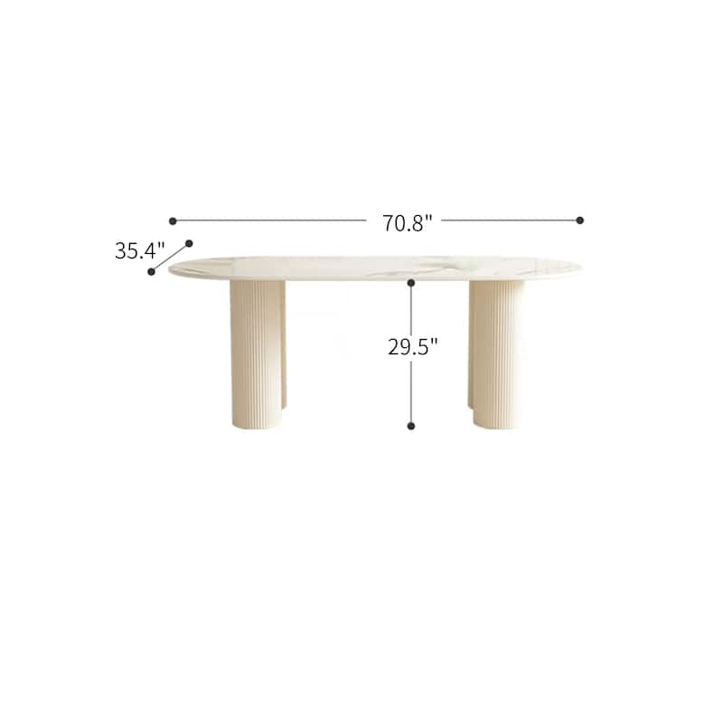 71" Glossy White Sintered Stone Dining Table, Double Round Legs, Oval Kitchen Table for 6 Persons