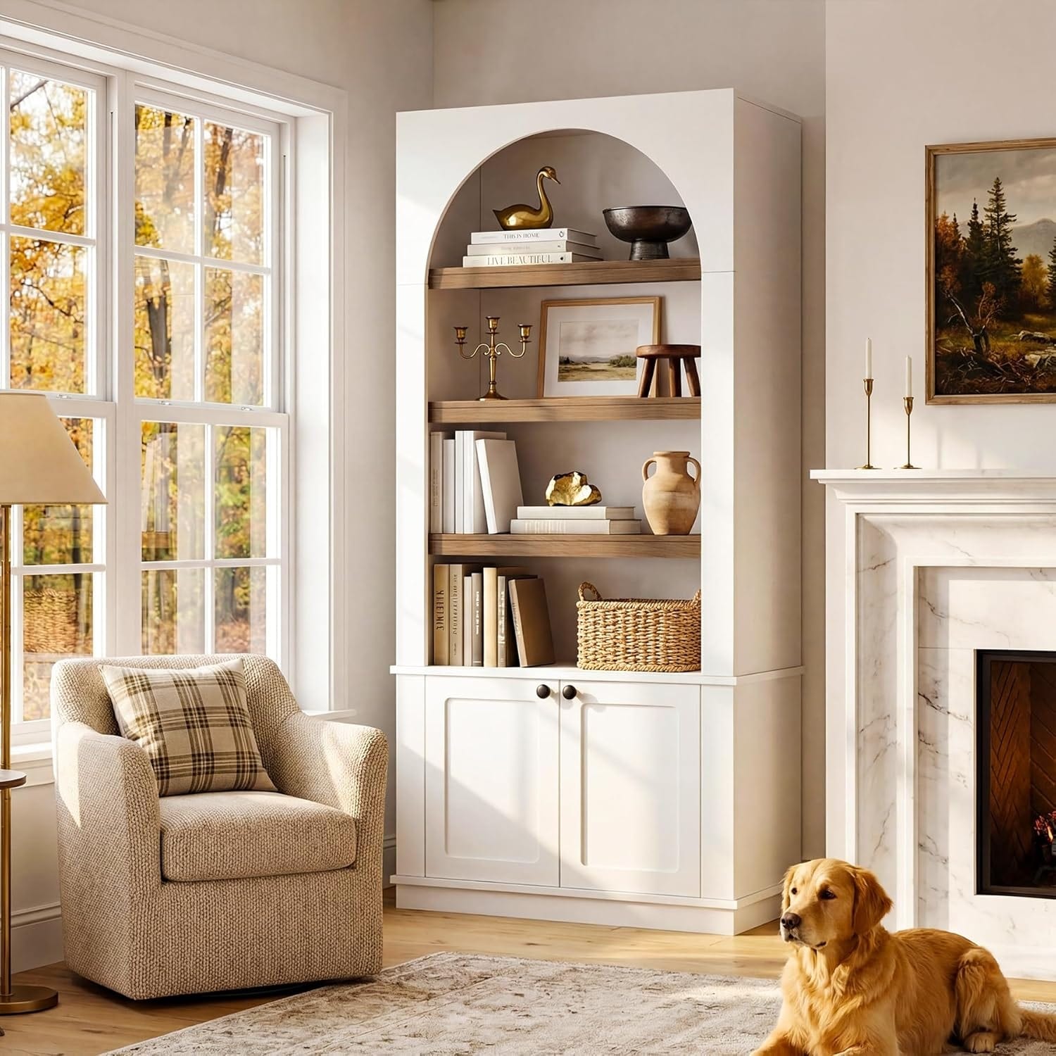 71'' White Tall Bookcase with Doors, 6-Tier Modern Arched Bookshelf with Storage Cabinet - 31.5" W x 13.78" D x 71" H