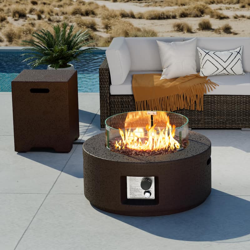 COSIEST 3-Piece Outdoor Round Fire Pit with Tank Cover, Wind Guard - Brown
