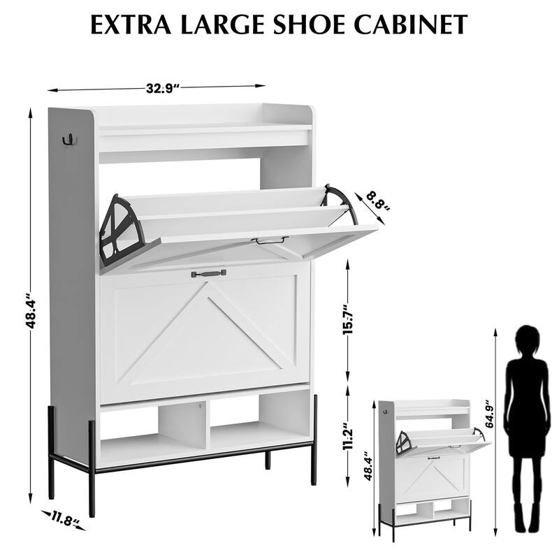 Shoe Cabinet with 2 Flip-Up Drawers, Hidden Shoe Storage Cabinet with Open Storage for Entryway, Hallway, Bedroom