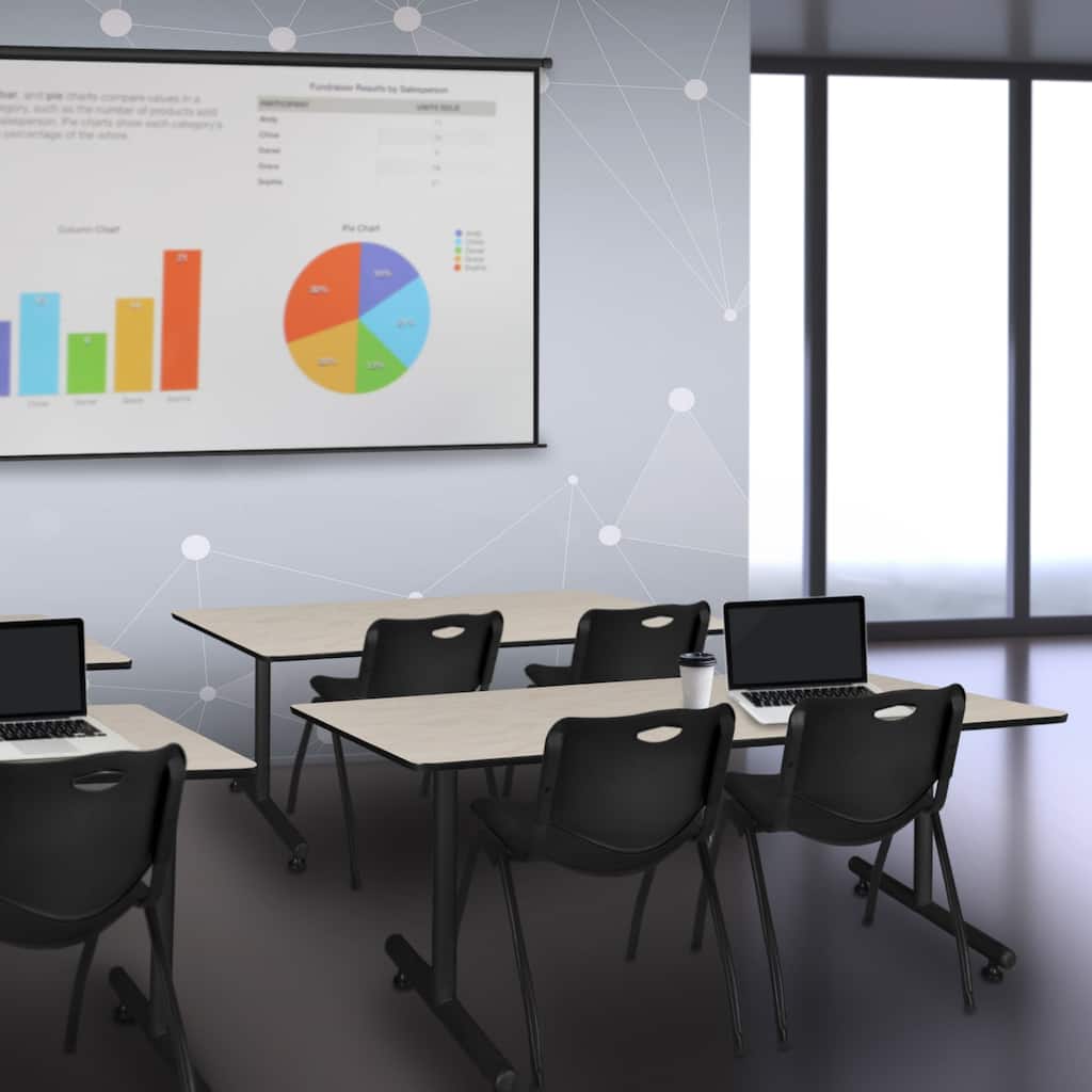 72" x 30" Training Table- Maple and 2 "M" Stack Chairs- Black