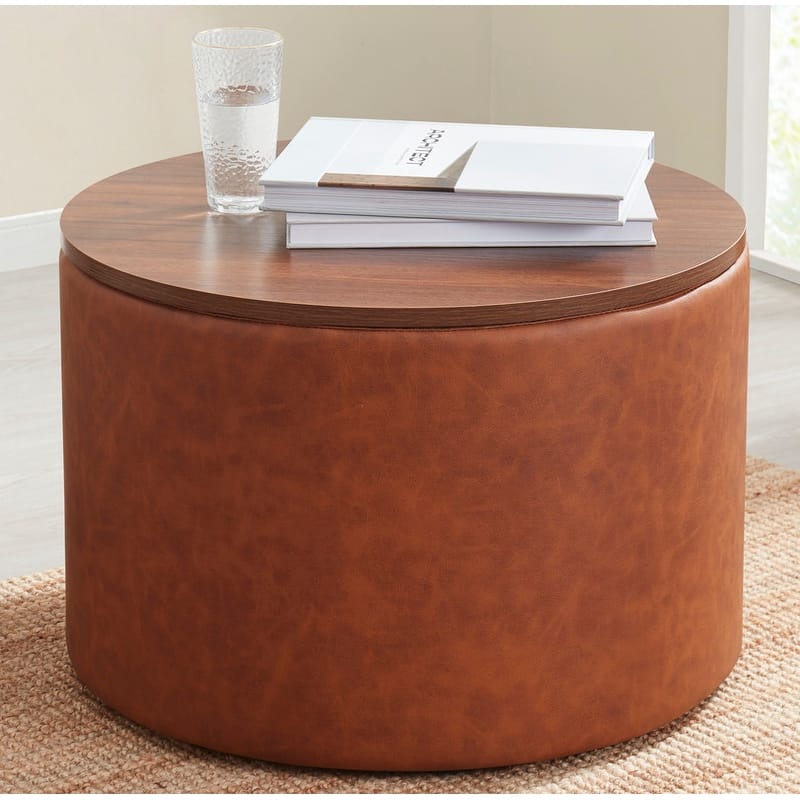 Parker Large Round Storage Coffee Table Ottoman with Wooden Lift Off Lid - Faux Leather Cognac