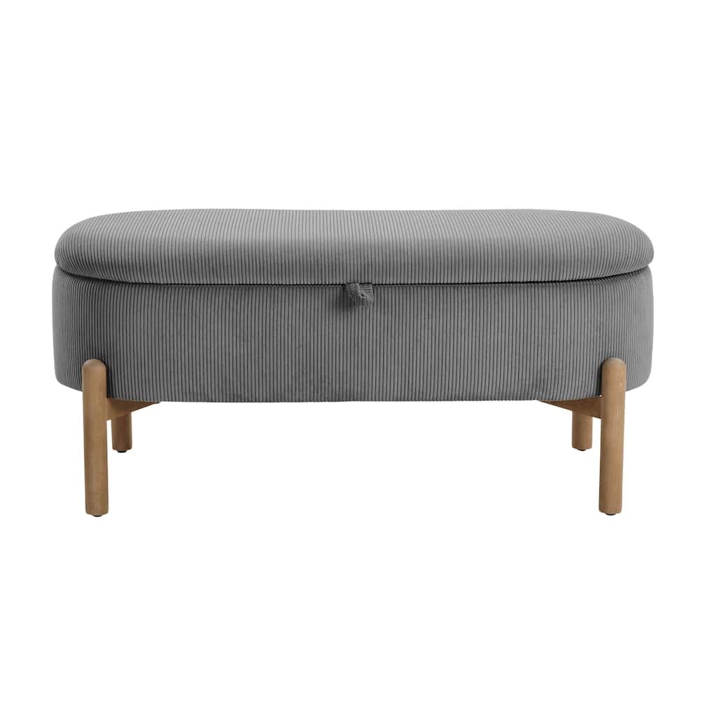 Storage Bench Gray Cushioned Seat Corduroy Upholstery