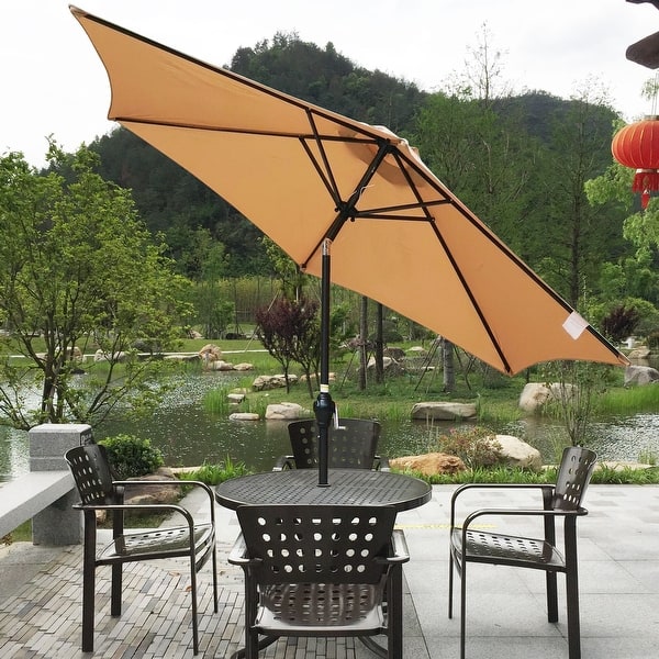 hd designs patio furniture 9ft umbrella Motorized Market Umbrella w/ Base, Beige ️This sturdy HD Designs Outdoors® Market Umbrella