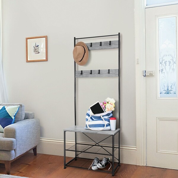 Hall Tree Entryway Bench Shoe Coat Rack Shelves Metal Frame Wood. Opens flyout.