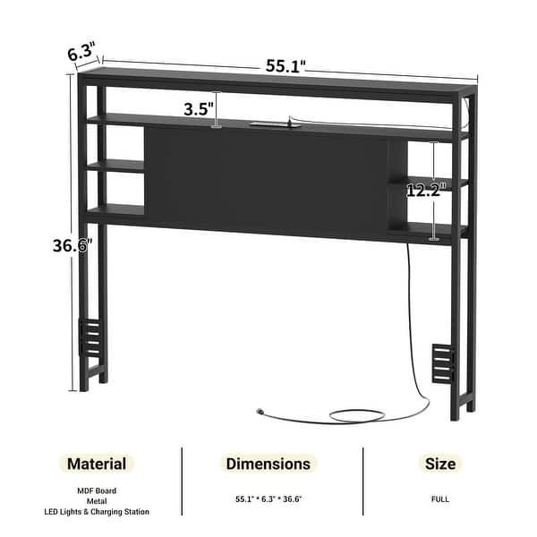 dimension image slide 6 of 11, Headboards with Storage Shelves, Head Board with Power Outlet and LED Light for Bed Frame