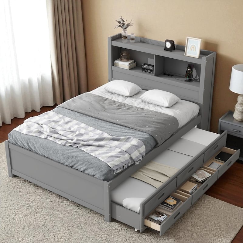Full Size Platform Bed with Trundle, 3 Drawers, Storage Headboard & USB Charging Ports