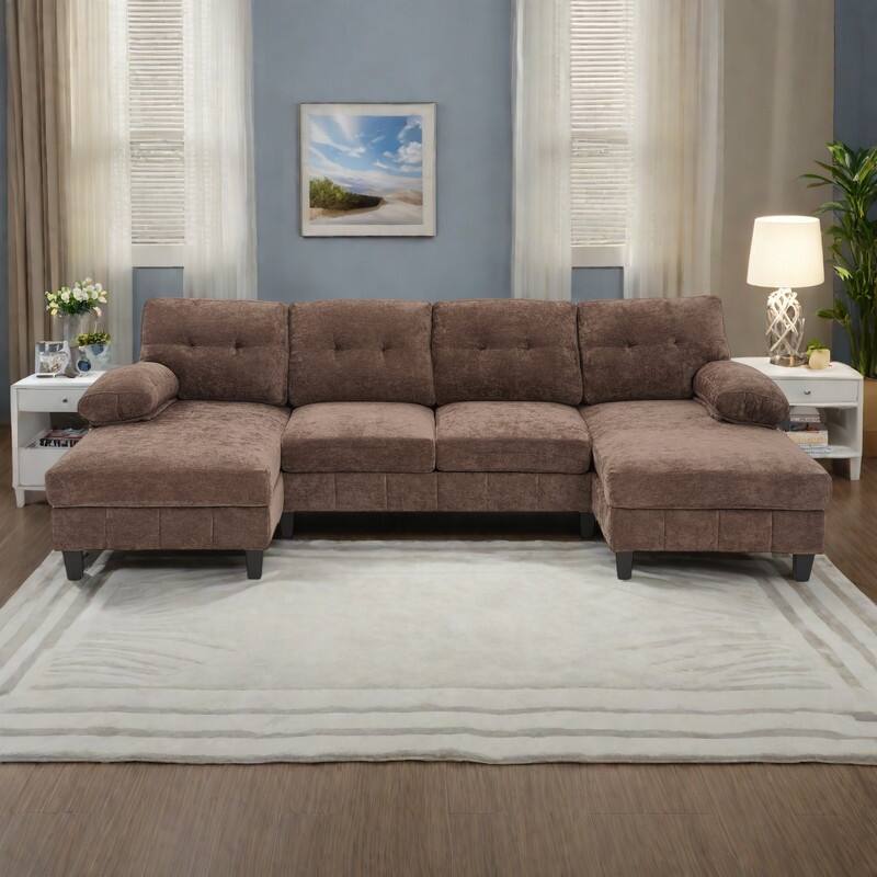 103.5" Chenille U-Shaped Sectional Sofa with Dual Chaise Lounges and Storage Pockets - Brown
