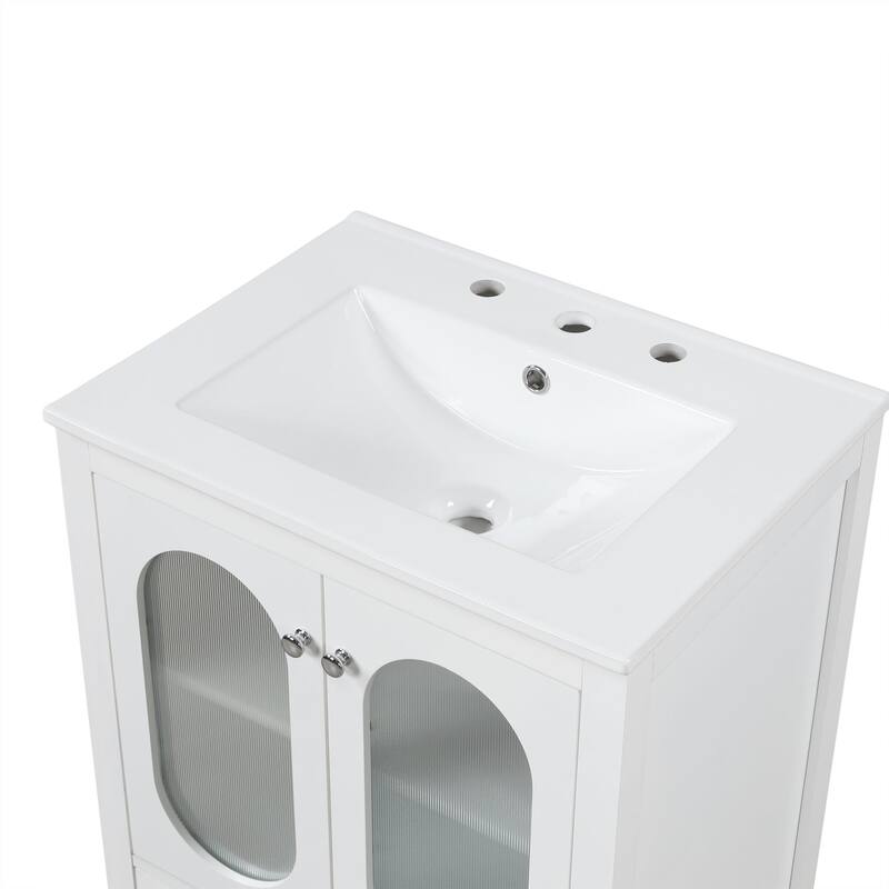 24 inch Solid Wood and MDF Freestanding Bathroom Vanity Set in White with Integrated Ceramic Sink