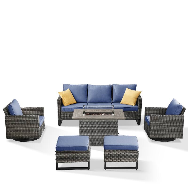 Patio Sofa 2 Swivel Chairs Ottomans and Fire Table Grey-Blue - Grey