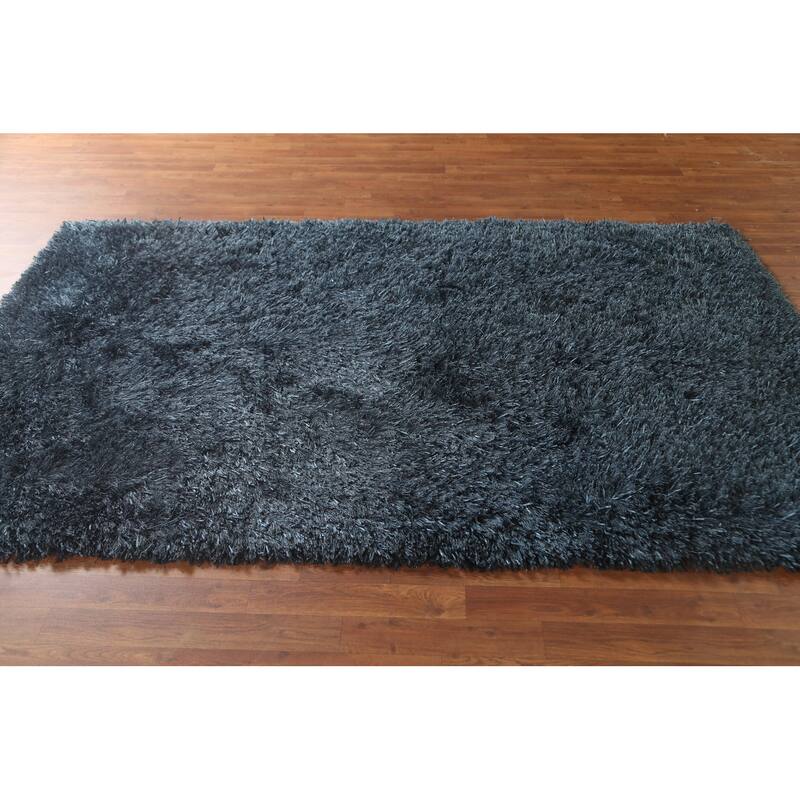 Blue Plush Shaggy Indian Area Rug Hand-Tufted Wool Carpet - 5'0" x 8'0"