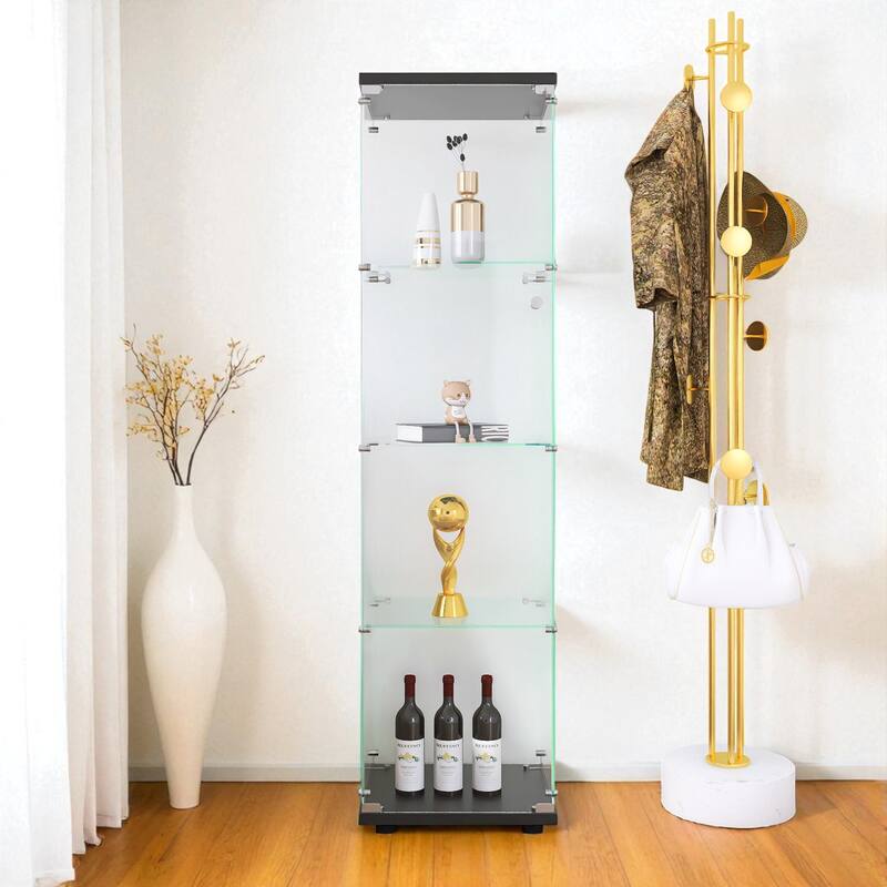 Glass Display Cabinet with 4 Shelves and Door, Floor Standing Curio Bookshelf for Office or Bedroom - Black