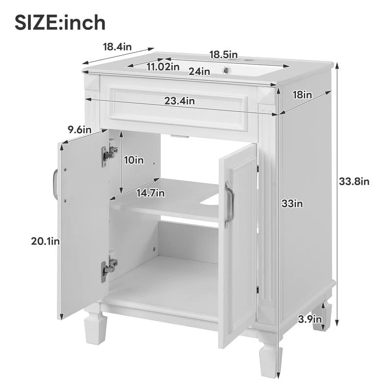 24" Bathroom Vanity with Sink, 2 Soft-Closing Doors and Adjustable Shelf