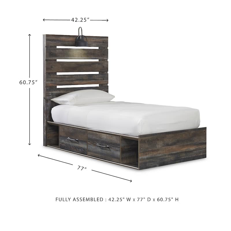 Drystan Rustic Brown Panel Bed with 2 Under Bed Storage Drawers