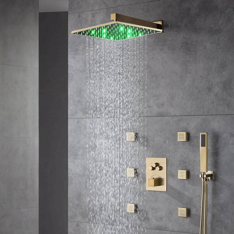 12" LED Wall Rainfall Shower 3 Way Thermostatic Faucet System w/ 6 Body Jets