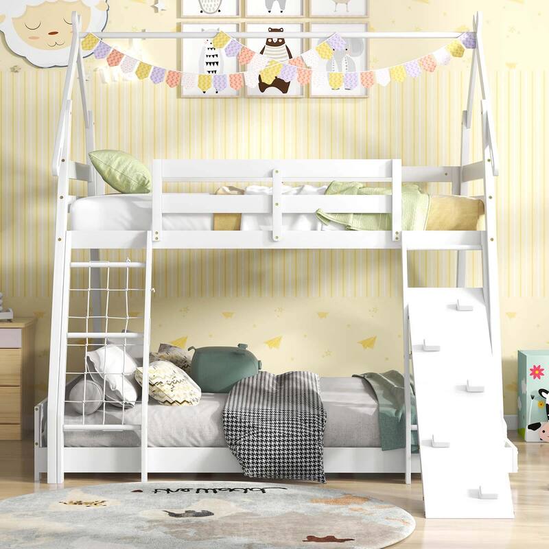 Costway Twin Over Queen Bunk Bed House Shaped Bed Frame with Climbing - See Details