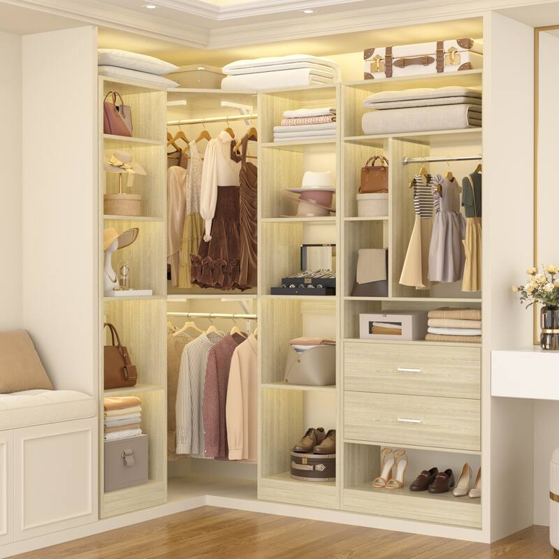 Rackcog 63.2'' W Corner Closet System with 2 Wooden Drawers and 3 Hanging Rods, Walk-in Closet Organizer with 12 Storage Shelves