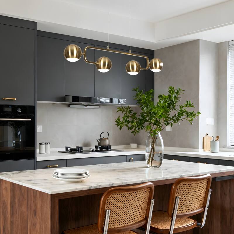 Modern 4-Light Gold Brass LED Chandelier Metal Linear Island Lights for Dining Room