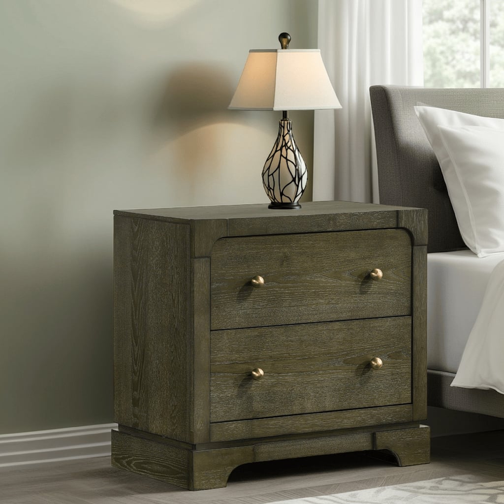 Seon Nightstand, 2 Drawers with Brass Knobs, Dark Cocoa Brown Wood
